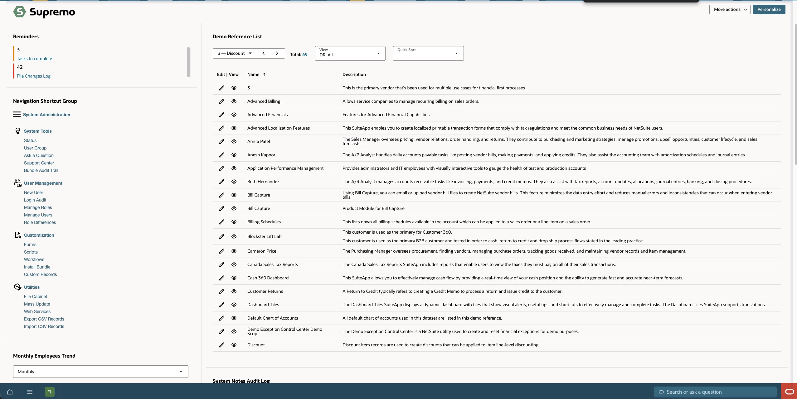 NetSuite Next home screen showing the new bottom navigation bar, menu overlay, and Ask Oracle search bar